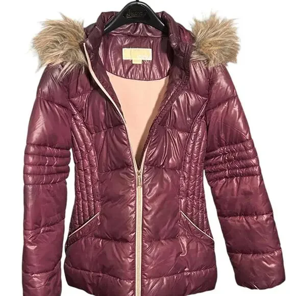 Michael kors burgundy puffer coat deals